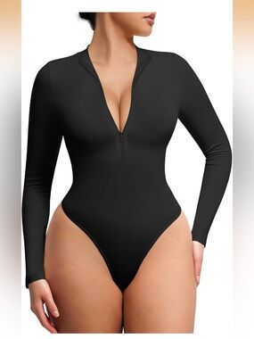 FeelinGirl Long Sleeve Mock Turtle Neck Bodysuit Zip Up Tummy Control Bodysuit
